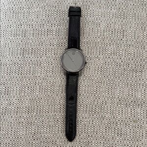 Movado Black Leather Watch with Gray Dial